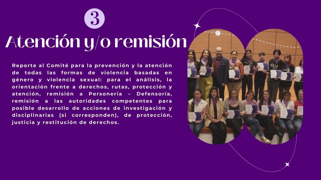 Atención y/o remisión




Reporte al Comité para la prevención y la atención de todas las formas de violencia basadas en género y violencia sexual: para el análisis, la orientación frente a derechos, rutas, protección y atención, remisión a Personería – Defensoría, remisión a las autoridades competentes para posible desarrollo de acciones de investigación y disciplinarias (si corresponden), de protección, justicia y restitución de derechos.

