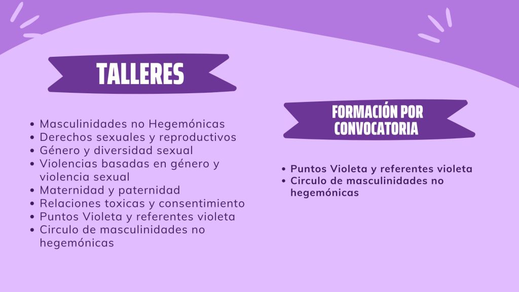 TALLERES 
Masculinidades no Hegemónicas
Derechos sexuales y reproductivos
Género y diversidad sexual 
Violencias basadas en género y violencia sexual
Maternidad y paternidad 
Relaciones toxicas y consentimiento 
Puntos Violeta y referentes violeta
Circulo de masculinidades no hegemónicas 

Formación por convocatoria 
Puntos Violeta y referentes violeta
Circulo de masculinidades no hegemónicas 