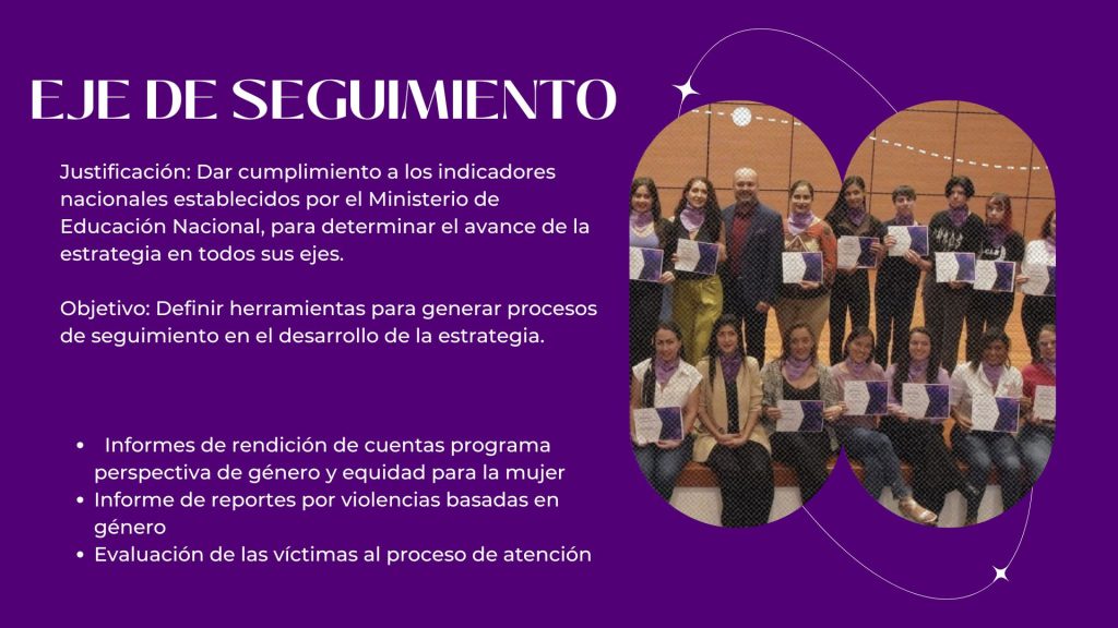 EJE DE SEGUIMIENTO

Justificación: Dar cumplimiento a los indicadores nacionales establecidos por el Ministerio de Educación Nacional, para determinar el avance de la estrategia en todos sus ejes.

Objetivo: Definir herramientas para generar procesos de seguimiento en el desarrollo de la estrategia.



  Informes de rendición de cuentas programa perspectiva de género y equidad para la mujer
Informe de reportes por violencias basadas en género
Evaluación de las víctimas al proceso de atención

